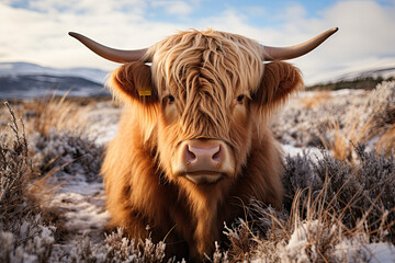 highland cow in winter background  - obrazy, fototapety, plakaty