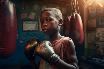 Fototapeta African child with boxing gloves. Black little kid boxing training. Generate ai obraz