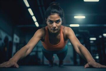 Fitness Model Pushes Up at the Gym. Fictional characters created by Generated AI.