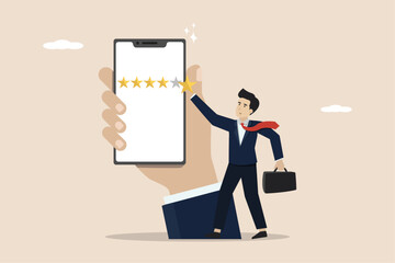 Customer experience or customer reviews by giving a 5 star rating, 5 star customer feedback, businessman giving a five star rating.