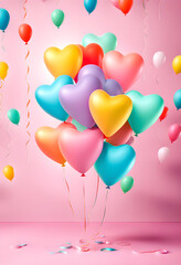 Background material with lots of bright colorful pastel heart-shaped balloon decorations and space for text. Baby birth or birthday celebration background.