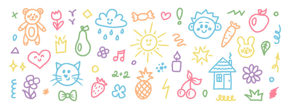 Cute doodle hand drawn kids set. Colorful element of scribble, heart, animal, flower, sun and cloud. Vector illustration