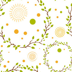 Seamless pattern with tree branches wreaths and sun symbols. Nature and healthy life style design.