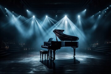 The piano is in the center of the stage in the light of the spotlights. Musical performance