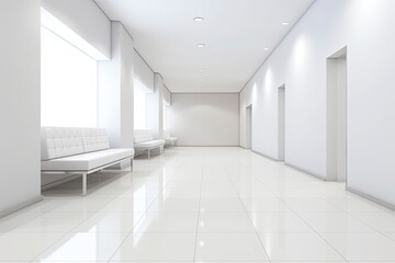 Interior design of a modern luxurious white building corridor or hallway with waiting seat.