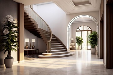 The interior design of the modern entrance hall with a staircase in the villa.