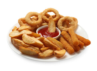 Different snacks and tasty ketchup on table
