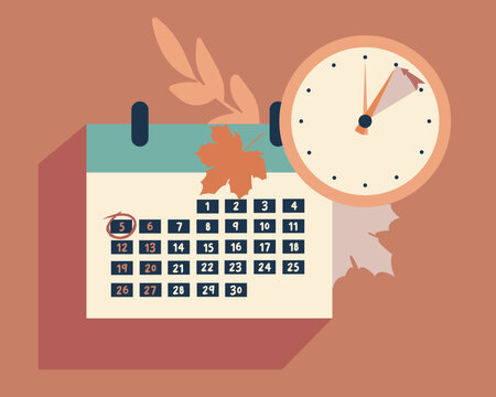 Fall Back in USA and Canada 2023, change clock back one hour, Daylight Saving Time Ends web reminder banner in flat style. Clocks with arrow hand turning back an hour. Minimalist aesthetic web banner.