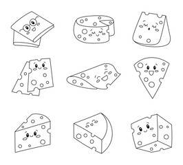 Cute kawaii cheese. Coloring Page. Funny happy food characters. Childrens restaurant menu. Hand drawn style. Vector drawing. Collection of design elements.