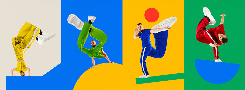 Banner. Contemporary art collage. Modern artwork. Set made of posters with talented cool man hip-hop dancer with huge legs in mixed neon light, filter performing dance moves.