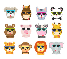 Vector cartoon illustration of animal faces with sunglasses. Dog, cat, horse, cow, pig, giraffe, bear, other wild animal faces - 664290907