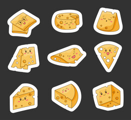 Cute kawaii cheese. Sticker Bookmark. Funny happy food characters. Childrens restaurant menu. Hand drawn style. Vector drawing. Collection of design elements.