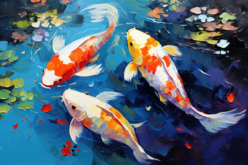 Beautiful painting three colorful koi fish are swimming. Pet, Generative AI, Illustration. - obrazy, fototapety, plakaty