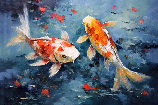 Beautiful painting two colorful koi fish are swimming. Pet, Generative AI, Illustration.