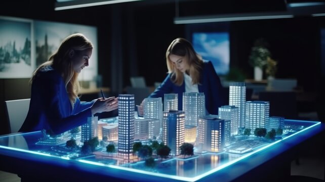 Hologram blue 3d render city model on table in real estate business. Futuristic business building concept