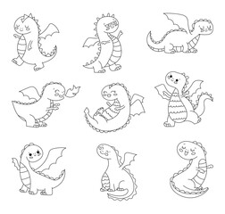 Happy funny dragon. Coloring Page. Cute character. Fairytale monsters. Hand drawn style. Vector drawing. Collection of design elements.