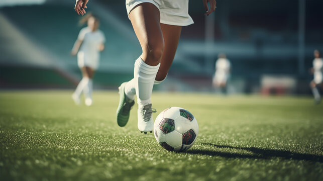 young female footballer kicking a football and running in a ground