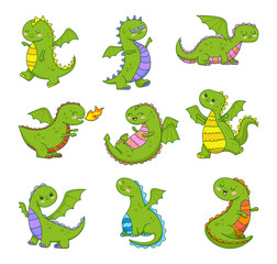 Happy funny green dragon. Cute character. Fairytale monsters. Hand drawn style. Vector drawing. Collection of design elements.