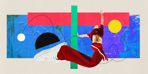 Poster . Contemporary art collage. Modern artwork. Crazy man break-dancer with huge, long legs and...