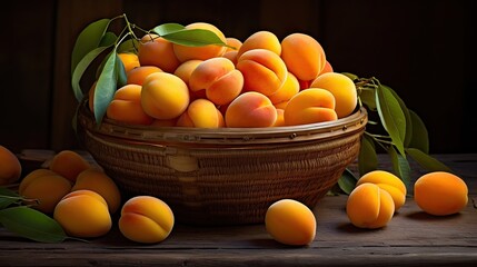 A bountiful basket brimming with ripe, golden apricots, a juicy and flavorful harvest. Fresh, succulent, organic, hand-picked, mouthwatering, sun-ripened. Generated by AI.