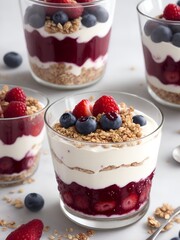 "Berry fruits parfaits" a delectable dessert made from layers of yogurt mixed with berries fruits and granola.