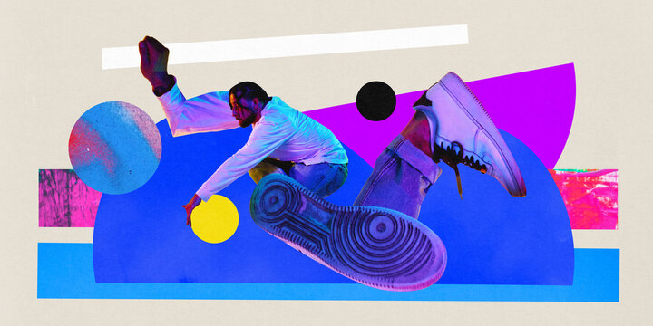 Poster. Contemporary art collage. Modern artwork. Energetic man dancer with huge, long legs painted in neon filter, light dancing in air against colorful background.