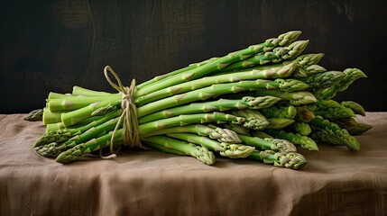 A bunch of fresh and green asparagus spears. Vegetable, bunch, fresh, green asparagus spears, delightful crispness, vibrant appearance, ingredient, enhance, deliciousness. Generated by AI. - obrazy, fototapety, plakaty