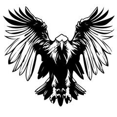 Flying Eagle mascot logo in etching style. sketch Vector illustration of a sign or brand hand drawn