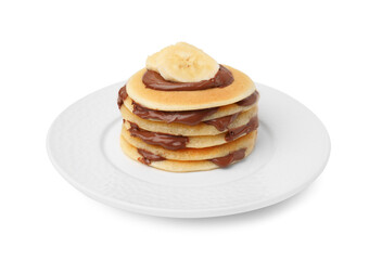 Fototapeta na wymiar Stack of tasty pancakes with chocolate spread and banana slices isolated on white