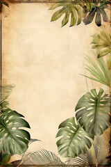 Vintage monstera leafs digital junk journal page, parchment paper background, grunge. illustration of nature plant. palm tree, with copy space. summer andh tropical climate concepts