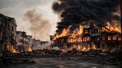 Building debris and devastation from war, fire, loss. - obrazy, fototapety, plakaty