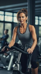 Fototapeta premium Fitness model on a spin bike. Fictional characters created by Generated AI.
