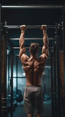 A Man in the Gym Working Out His Back and Arms. Fictional characters created by Generated AI. - obrazy, fototapety, plakaty