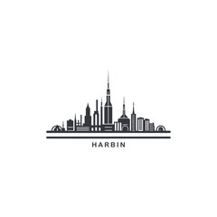 China Harbin cityscape skyline city panorama vector flat modern logo icon. Heilongjiang town emblem idea with landmarks and building silhouettes. Isolated graphic