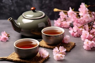 Fototapeta na wymiar Traditional ceremony. Cups of brewed tea, teapot and sakura flowers on grey table.