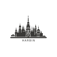 Fototapeta premium China Harbin cityscape skyline city panorama vector flat modern logo icon. Heilongjiang town emblem idea with landmarks and building silhouettes. Isolated graphic