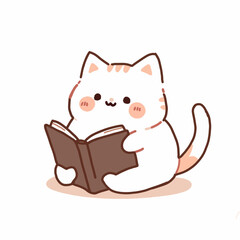 Cartoon style cat reading book. Hand drawn Vector illustration.