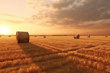 Sunset Graces Field Of Hay Bales