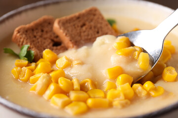 Corn soup, concept of tasty lunch food