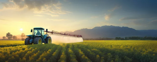 Foto op Aluminium Sunset Sets The Stage For Tractor Spraying Pesticides On Soybean Plantation © Anastasiia
