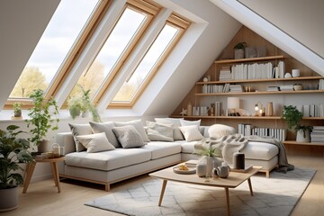 Scandinavian home interior design of modern living room in attic with lining ceiling bright color