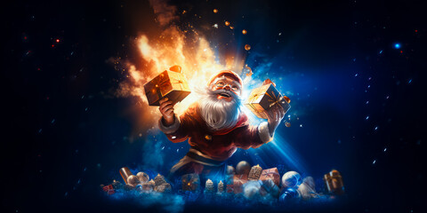 Naklejka premium illustration of Santa Clause who flying in clouds with present. Christmas fairytale. Christmas time