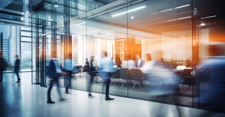 hustle and bustle of corporate professionals in a modern office space, visualized with long-exposure