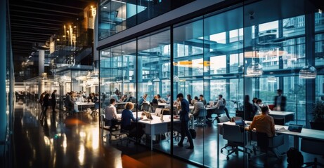 Obraz premium hustle and bustle of corporate professionals in a modern office space, visualized with long-exposure
