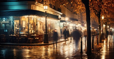 romantic streets of Paris, with people strolling and cafes buzzing, emphasized by long-exposure