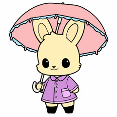 Cartoon style Rabbit holding an umbrella. Hand drawn Vector illustration.