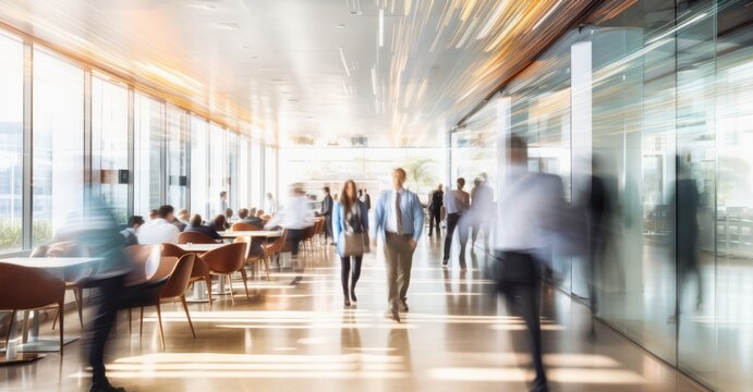 hustle and bustle of corporate professionals in a modern office space, visualized with long-exposure