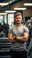 Healthy and Fit Young Man Posing in a Gym. Fictional characters created by Generated AI.