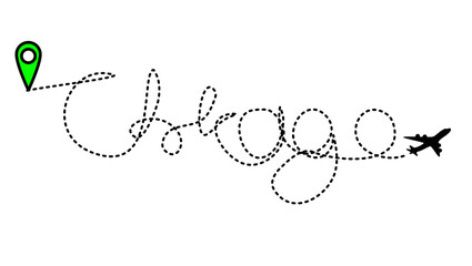 flight to Chicago, Airline 'non stop' lucky line path vector icon of air plane flight to Chicago, route with start point and dash line trace	
