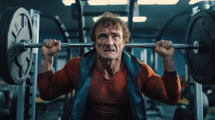 Fototapeta premium A Man in a Gym, Holding a Barbell and Working Out. Fictional characters created by Generated AI.